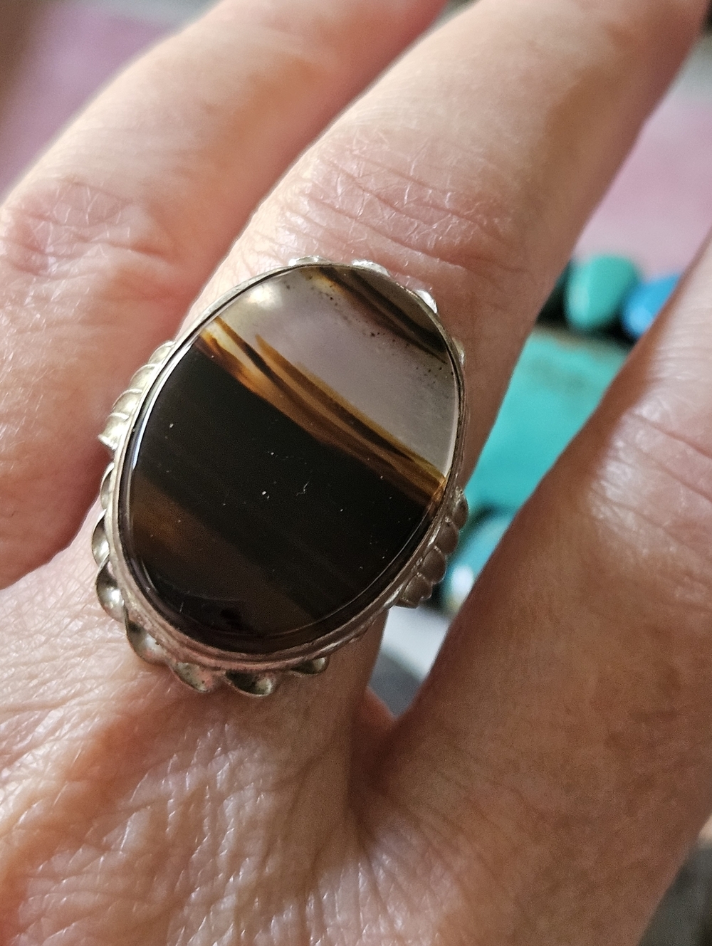 Huge Vintage Sterling Silver Banded Agate Stone Ring